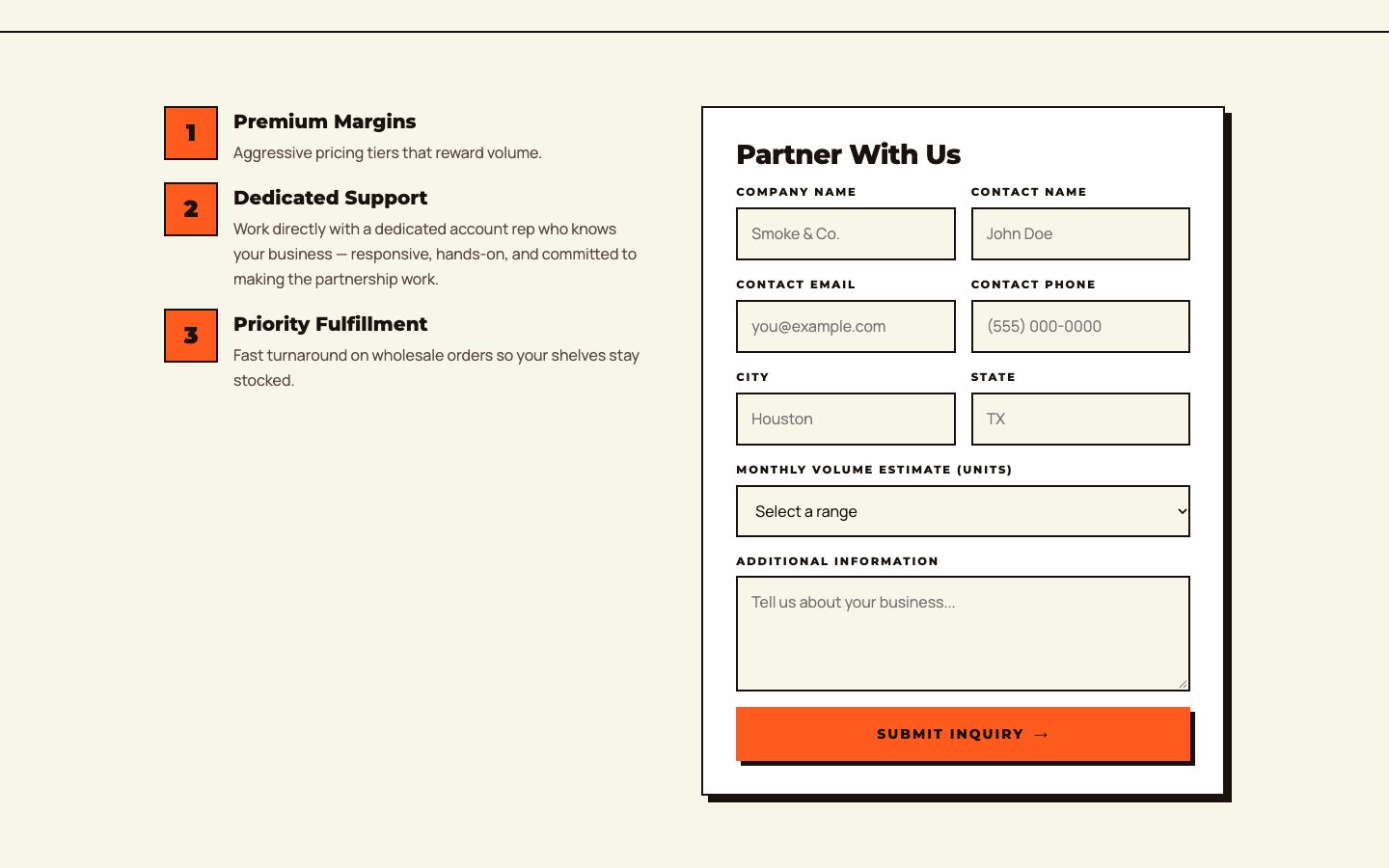 Wholesale inquiry form for smoke shops